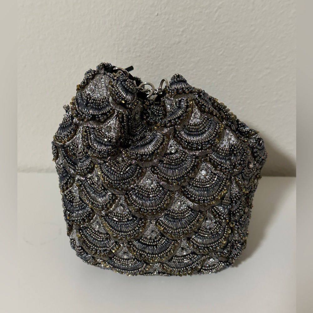 Zara Beaded Pouch Bag - Blue And Black with Silver And Gold Accents